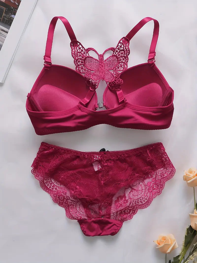Butterfly Embroidered Front Buckle Bra Set