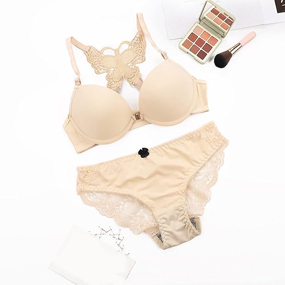 Butterfly Embroidered Front Buckle Bra Set