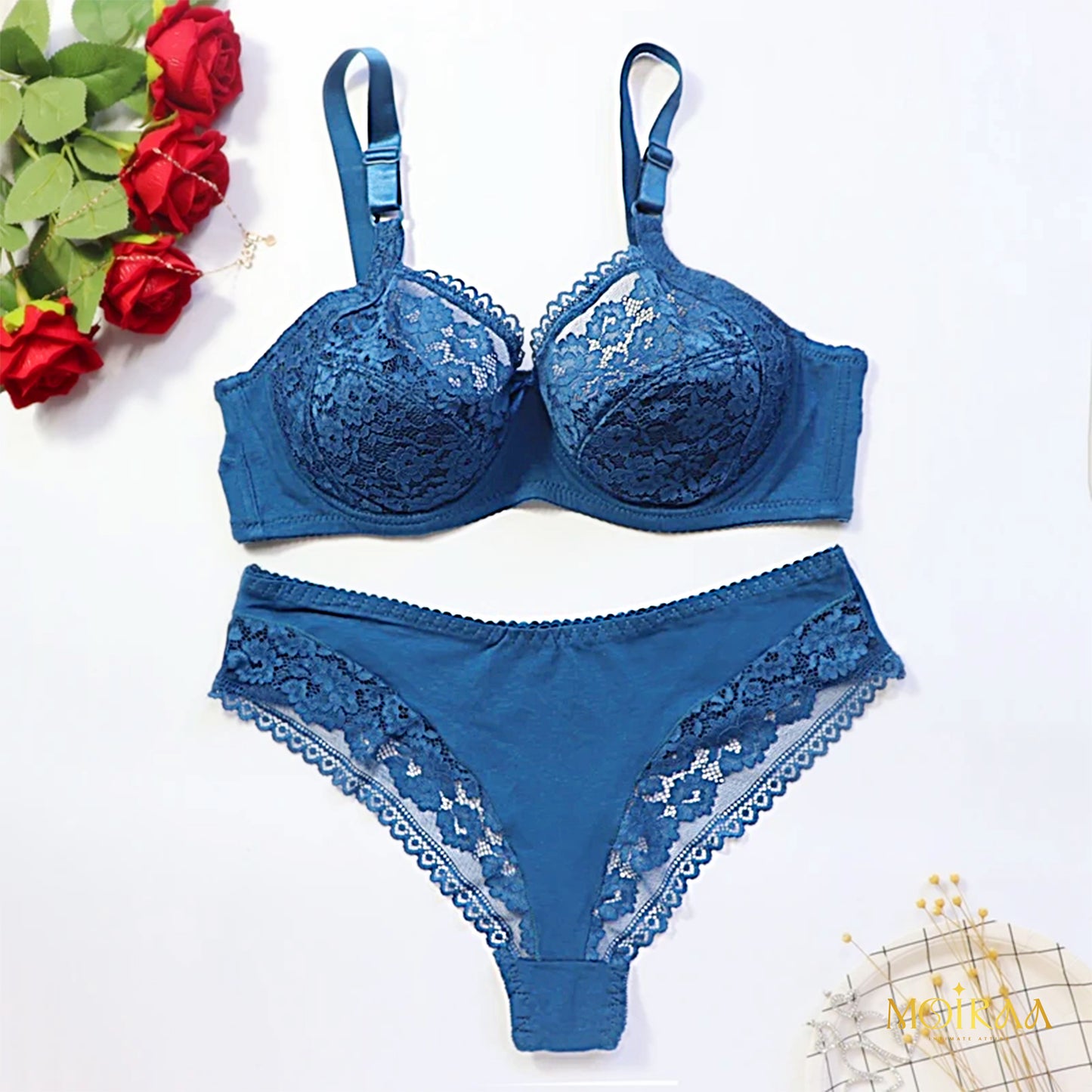 Olivia - Plus Size Lace Bow Decor Bra and Mid Waist Panty Lingerie Set
