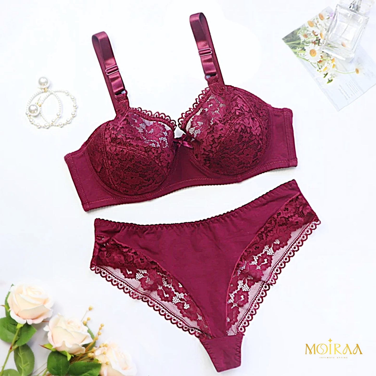 Olivia - Plus Size Lace Bow Decor Bra and Mid Waist Panty Lingerie Set