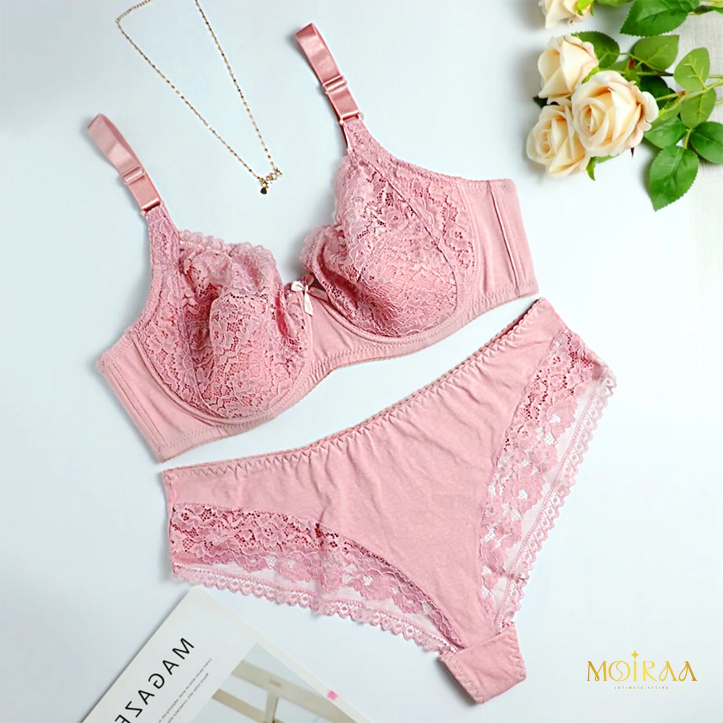 Olivia - Plus Size Lace Bow Decor Bra and Mid Waist Panty Lingerie Set