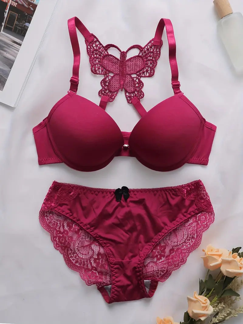Butterfly Embroidered Front Buckle Bra Set