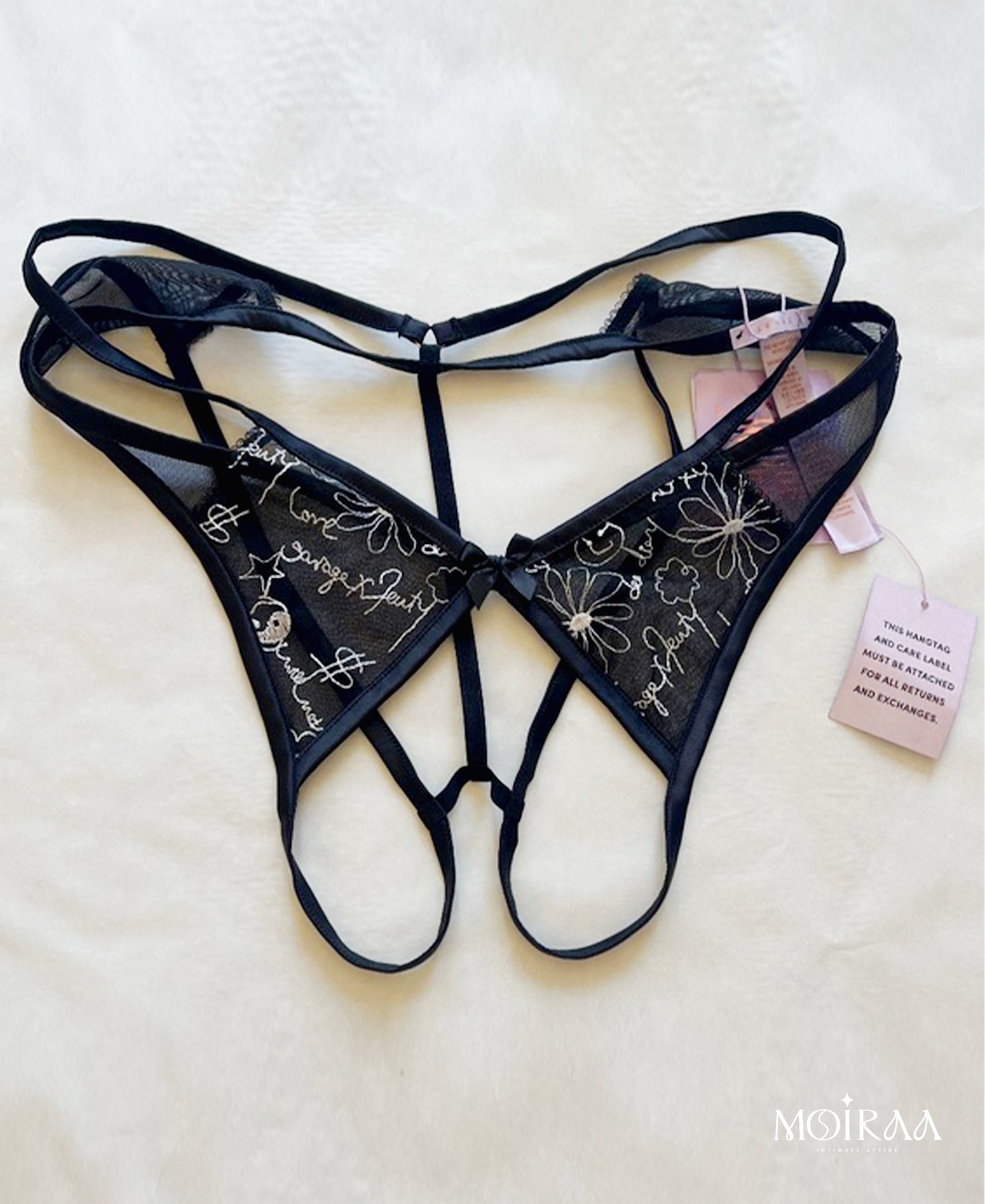 Dear Diary Crotchless Open Back Thong – Sexy Sheer Embroidered Lingerie