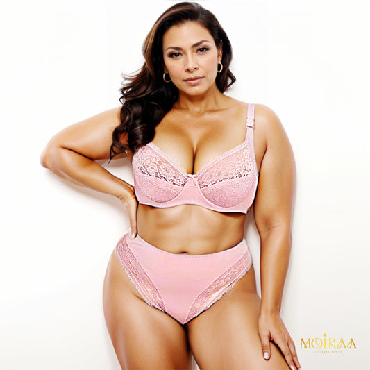Olivia - Plus Size Lace Bow Decor Bra and Mid Waist Panty Lingerie Set